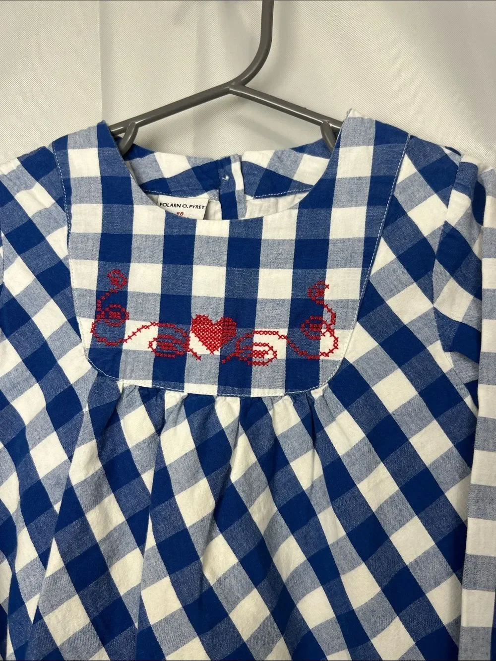 Polarn O. Pyret blue and white check long sleeve cotton dress cross stitching
